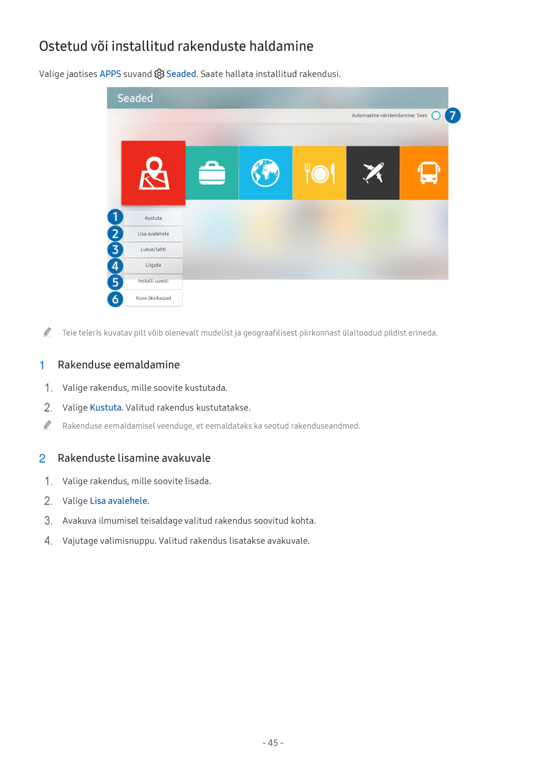 Samsung UE55MU6192UXXH manual Ostetud või installitud rakenduste haldamine,  Rakenduse eemaldamine, Valige Lisa avalehele 